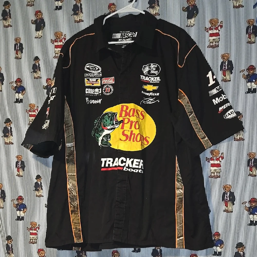 Nascar Bass Pro Shops JH Design Black Racing Camo Button Shirt Mens 2xl